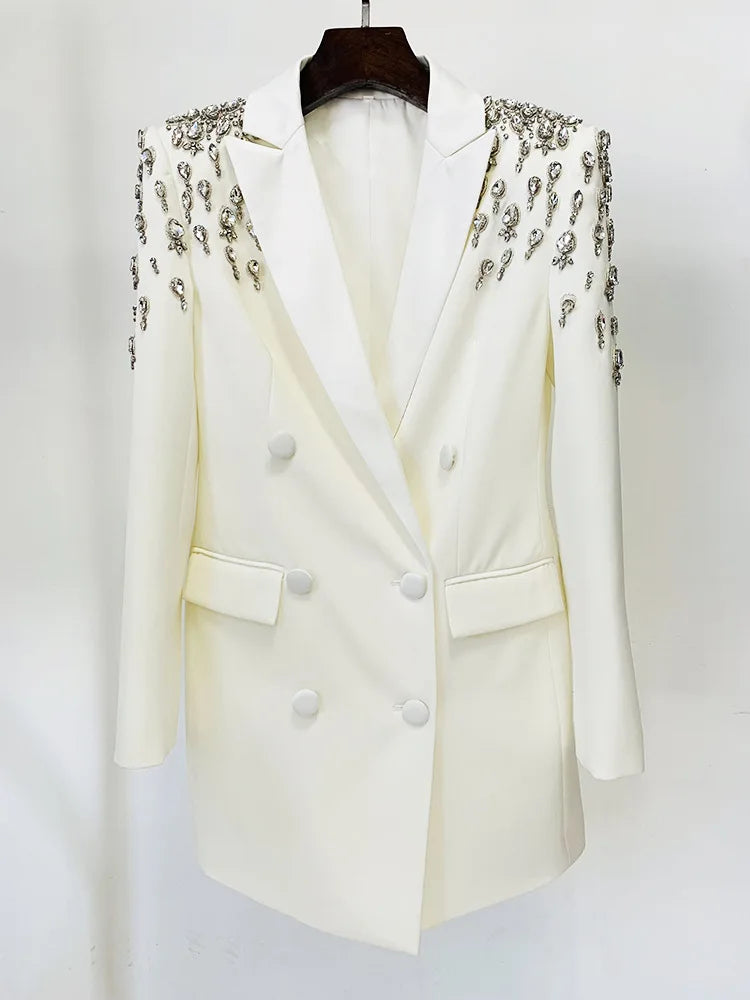 Pearl inlaid Diamond Long Double Breasted Button Satin Collar Blazer Dress