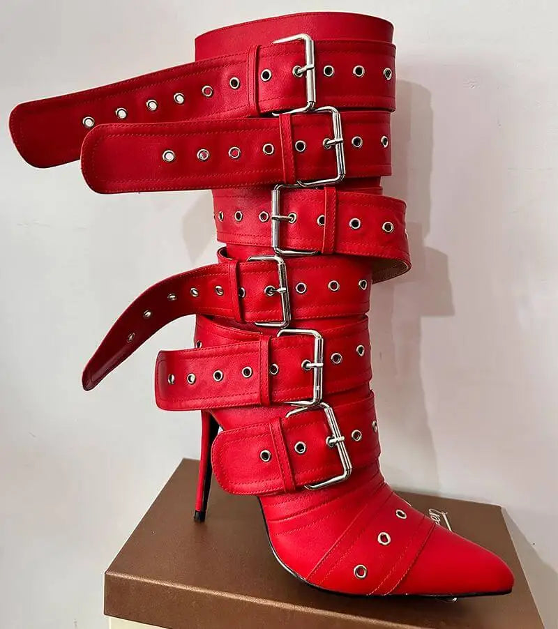 Multiple Buckle Strap Thin High Heel Zipper Side Pointed Toe Mid Boots