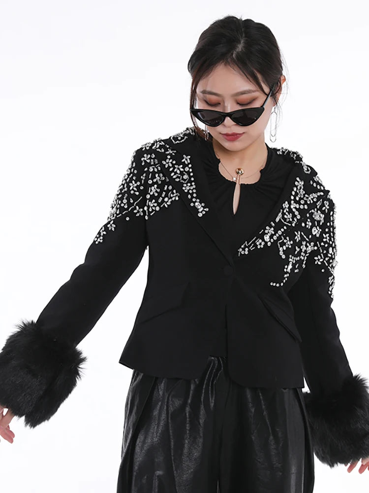 Irregular Rhinestone Single Button Feather Spliced Sleeve Blazer