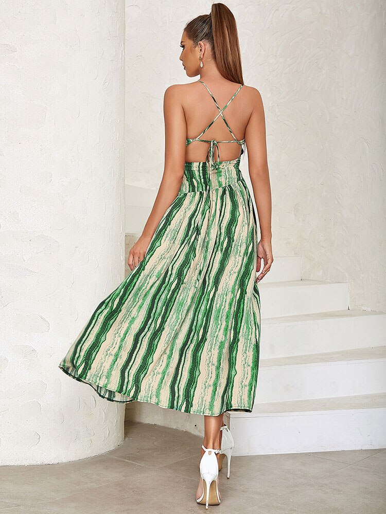 Sleeveless Backless Lace Up Loose Print Maxi Dress