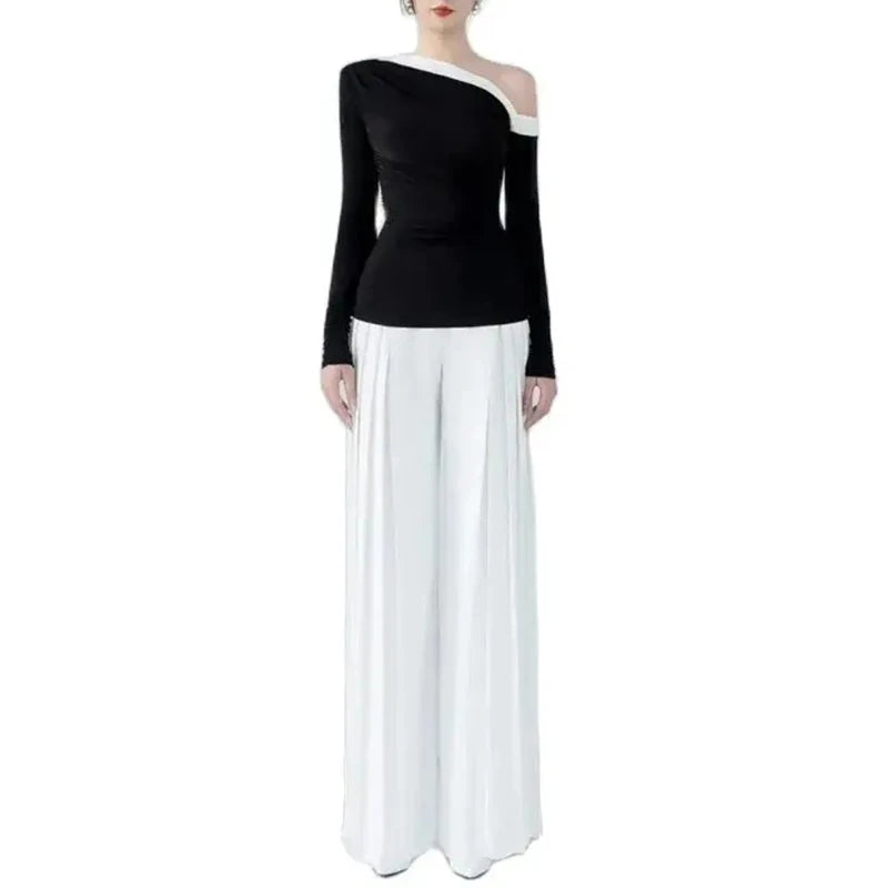 Knitted Stretch Skew Collar Contrast Colour Waist Top Loose Pleated Trouser Set