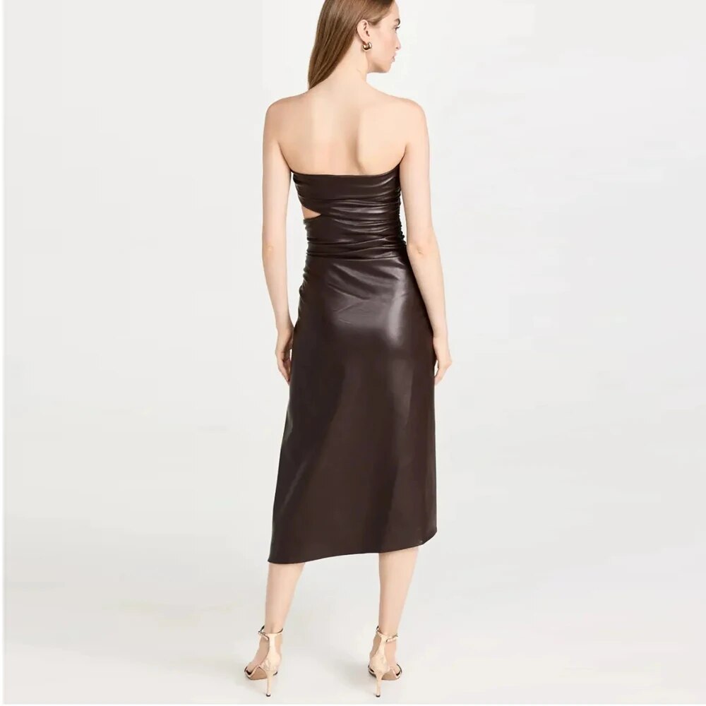 Pleated Hollow PU Leather Strapless Open Back Mid Dress