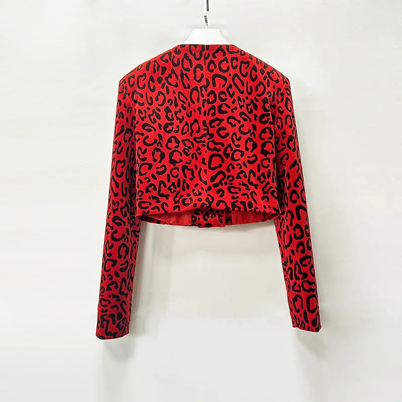 O-Neck Leopard Velvet Buttoned Mini Coat Leopard Print Mini Skirt Set