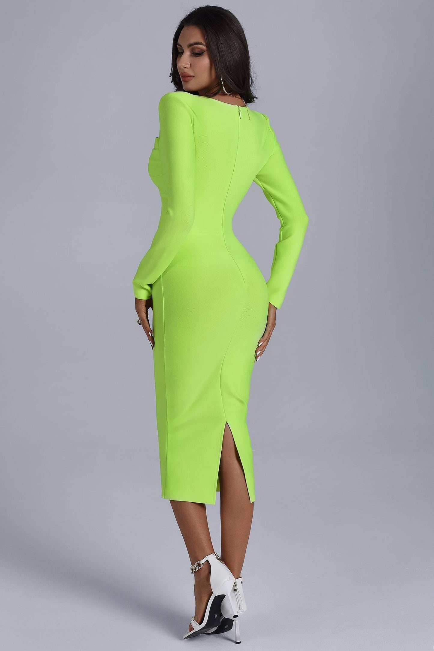 Long Sleeve Plaited Square Neck Bandage Mid Dress