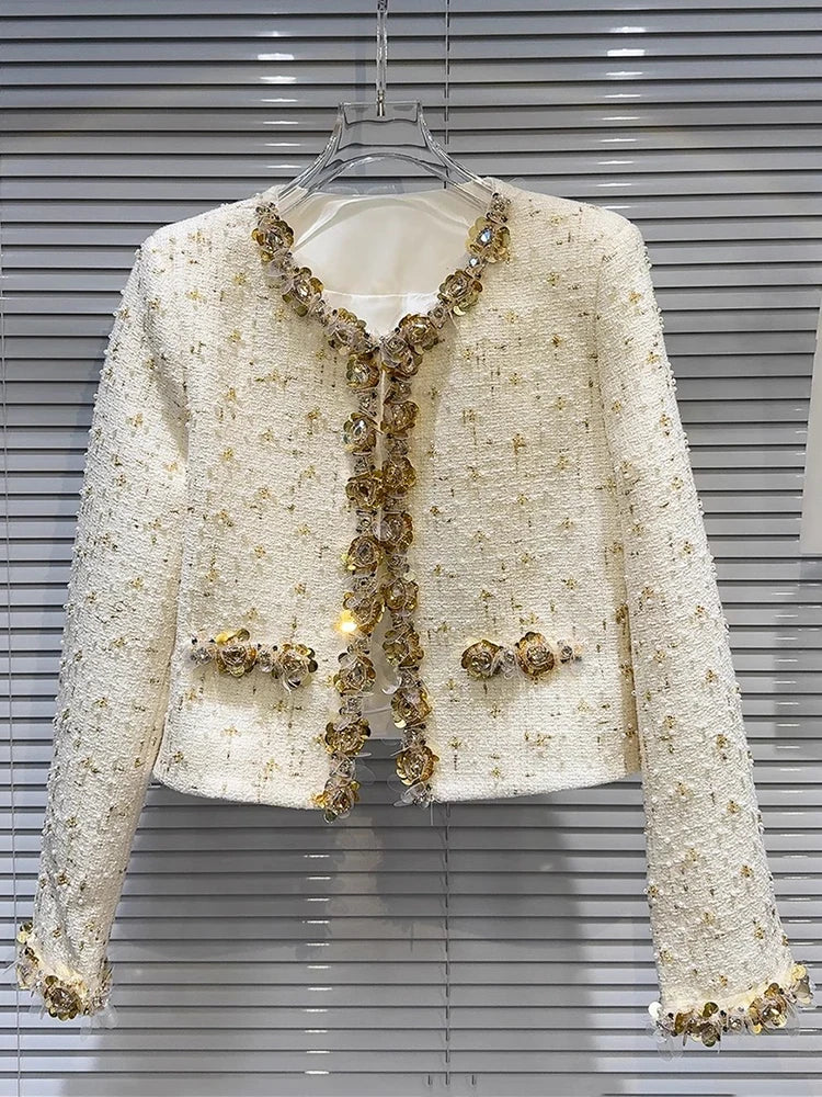 O-Neck Pearl Sequins Patchwork Long Sleeve Tweed Mini Jacket