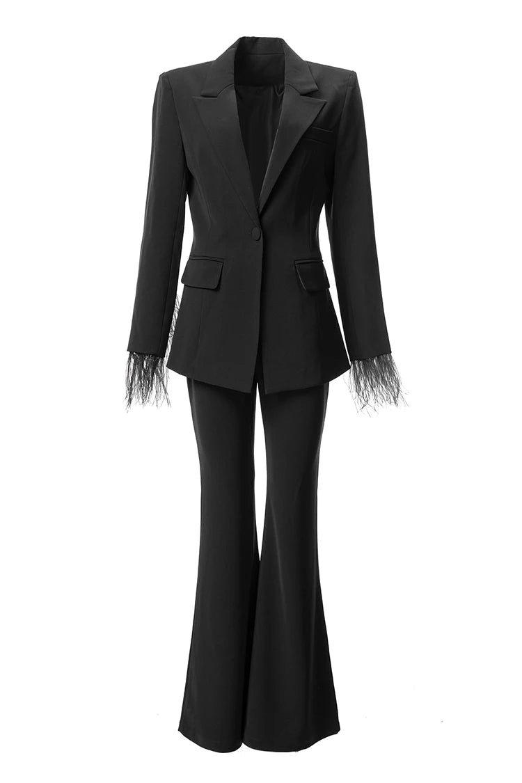 Lapel Caller Tassels Feather Long Sleeve Blazer Straight Trousers Set