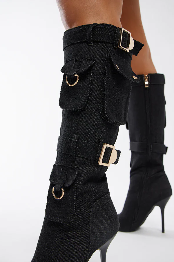 Denim Pocket Retro Pointy Toe Thin High Heels Knee High Boots