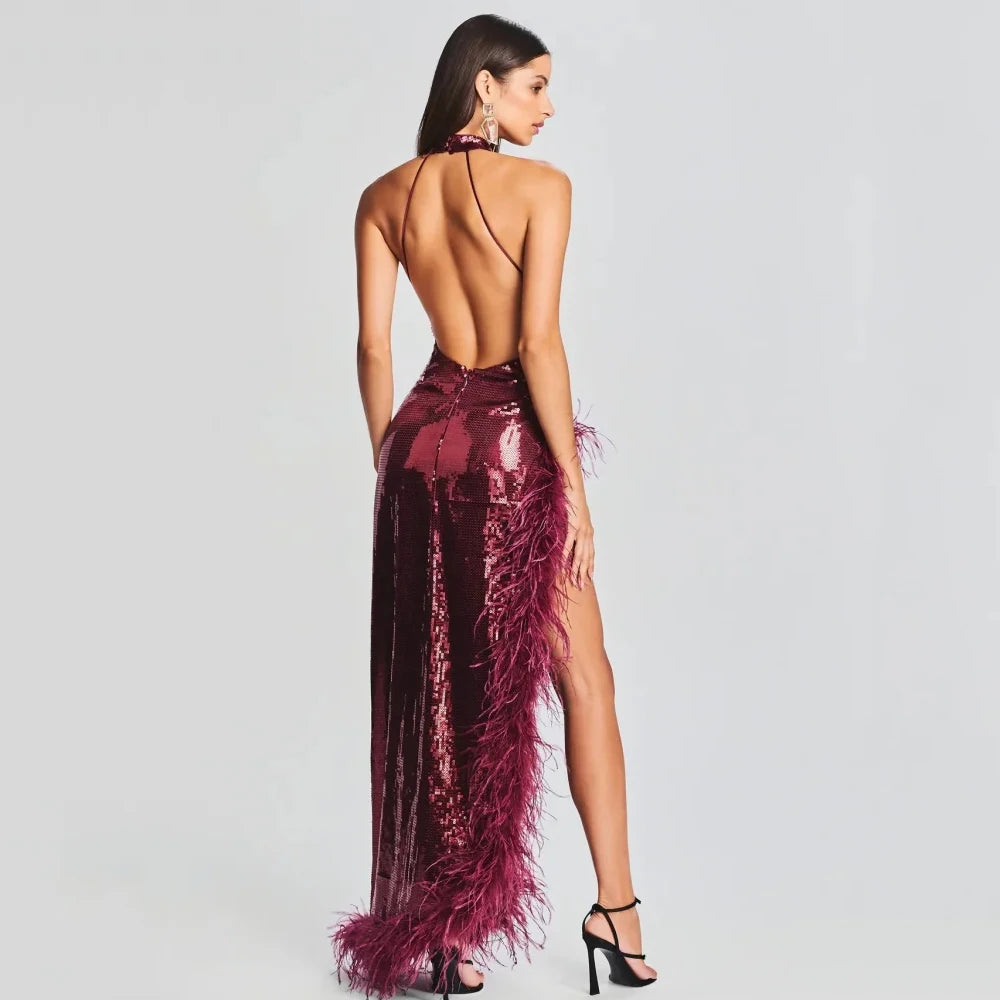 Feather One Side Split Sequins Sleeveless Backless High Split Maxi Dress