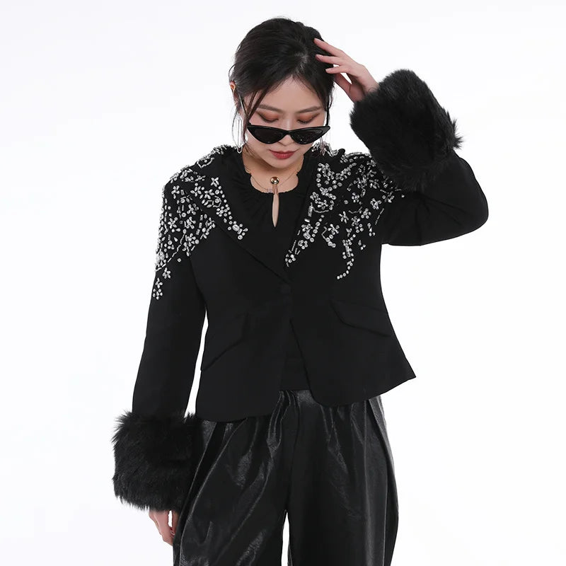 Irregular Rhinestone Single Button Feather Spliced Sleeve Blazer