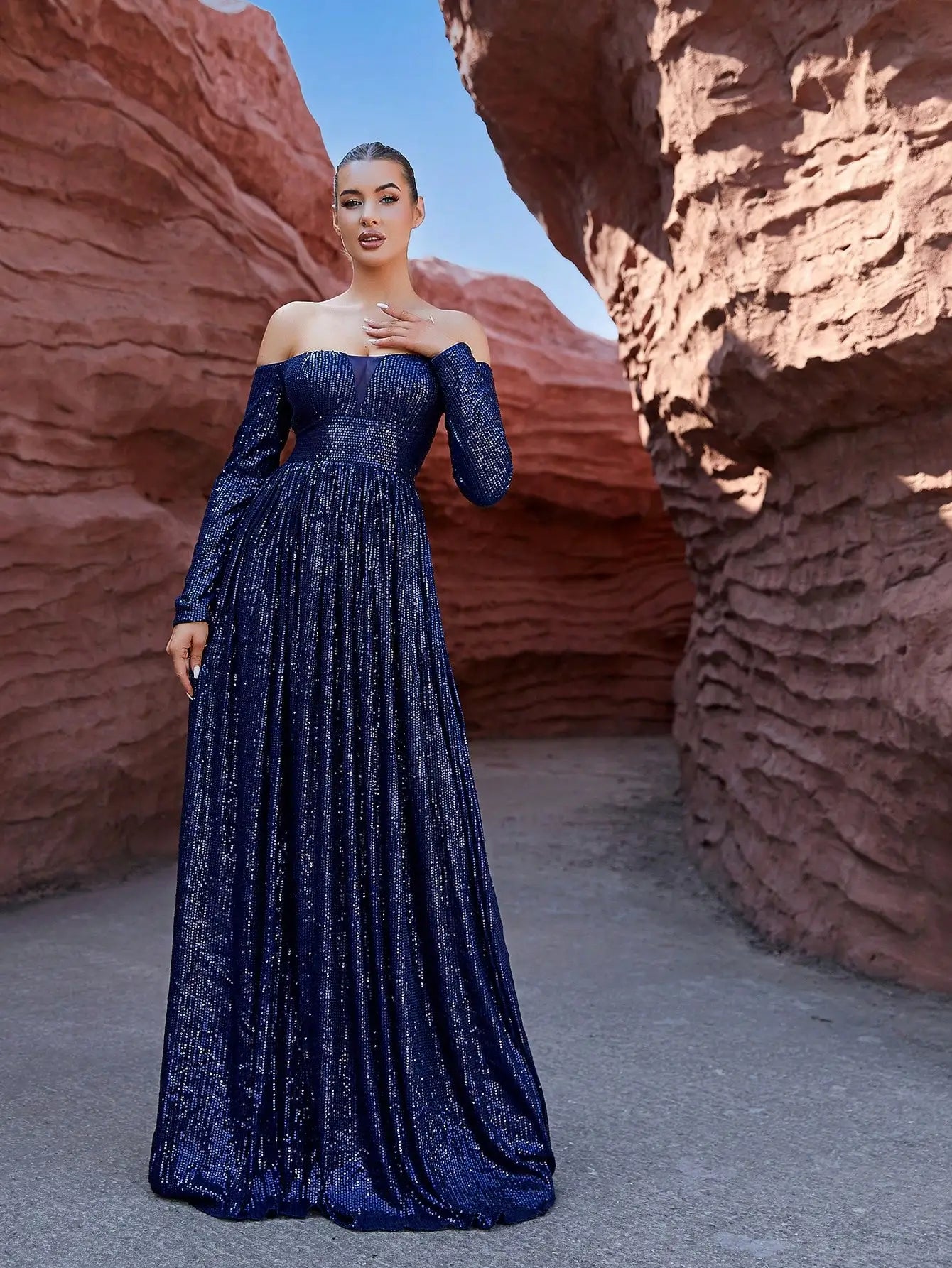 Off Shoulder A Line Long Sleeves Sequins Evening Maxi Dress