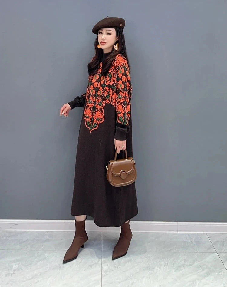 Printed O-neck Long Sleeve A Line Maxi Pullover Dress