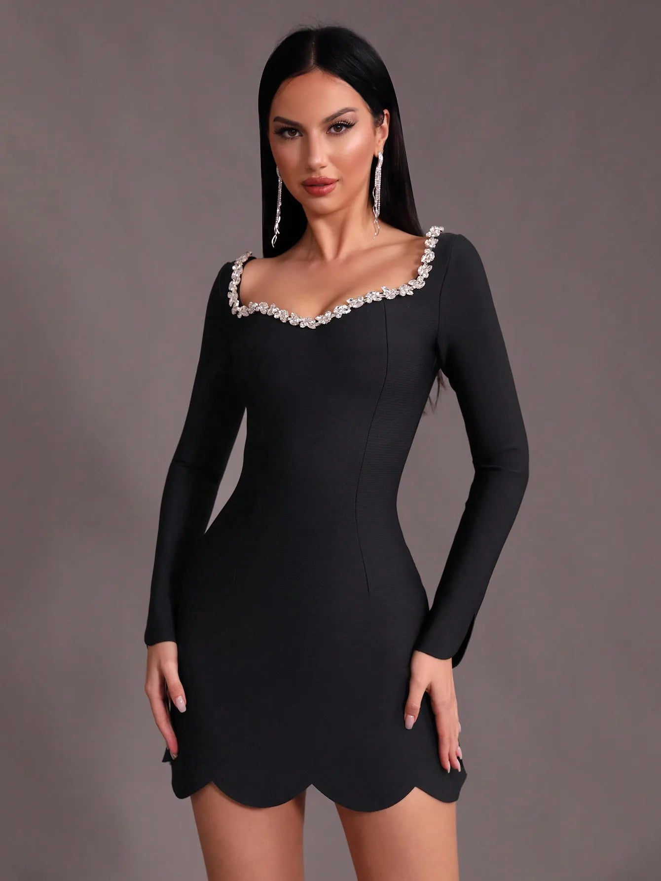 Long sleeve Diamond  Square Neck Short Tight Bandage Mini Dress