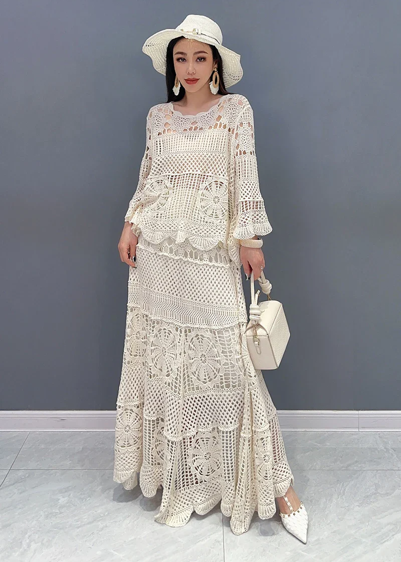 Lace With Hollow Out Top Swing Long Skirt Set