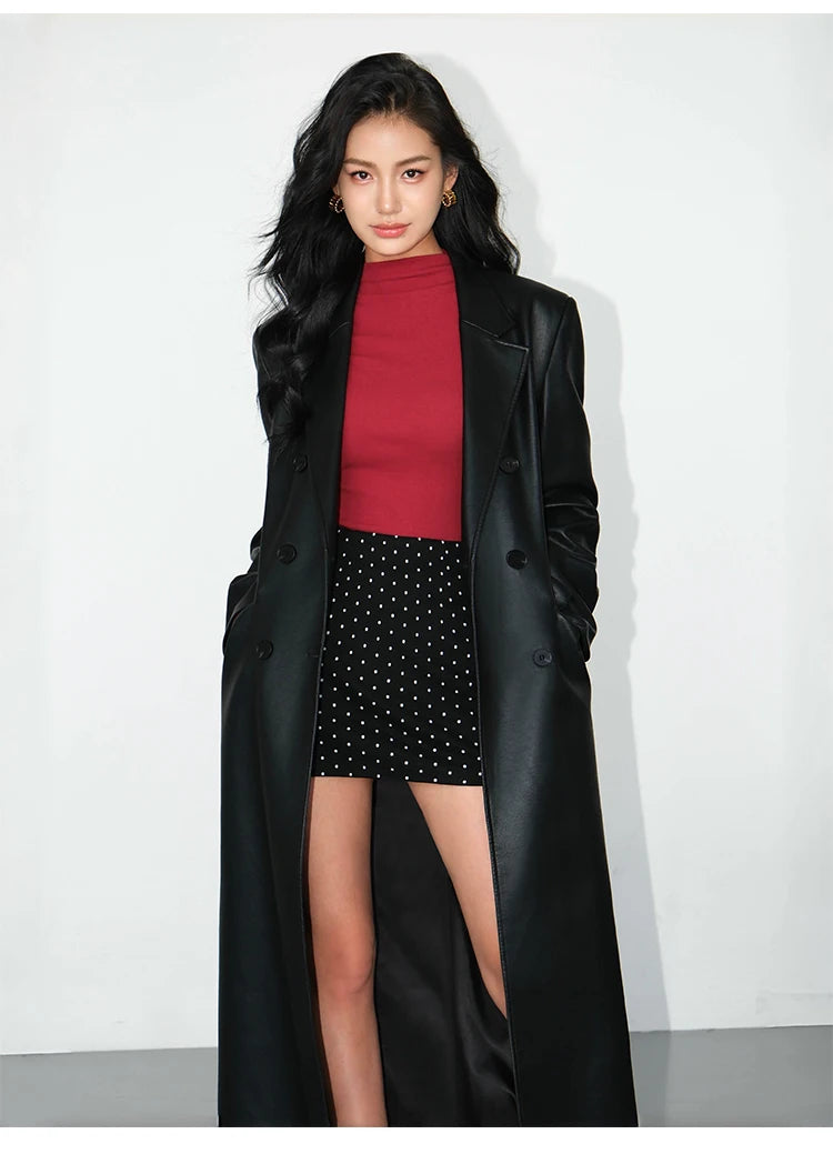 PU Leather Notched Collar Loose Double Breasted Long Sleeve Overcoat