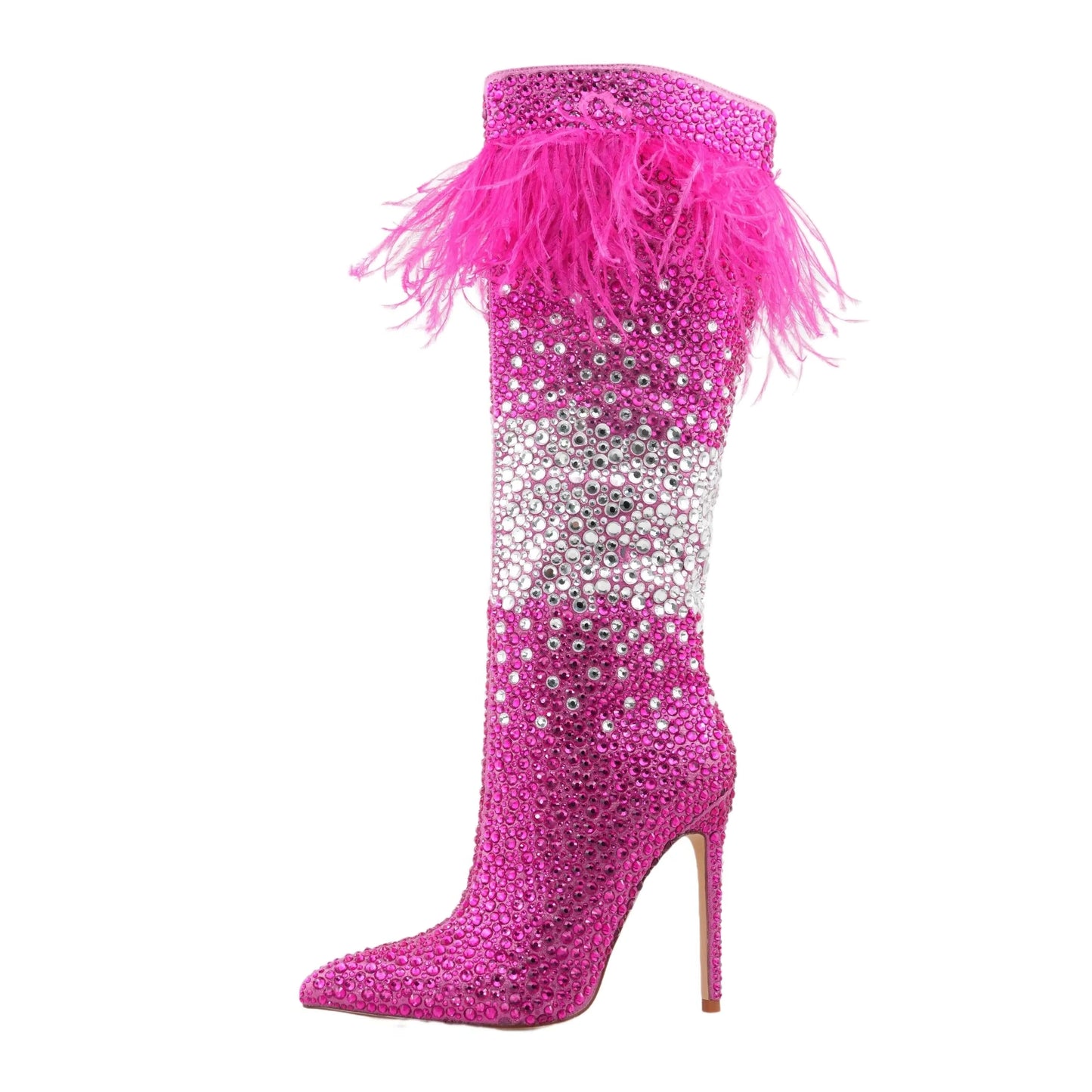 Crystal Fur Decor Pointed Toe Thin High Heels Knee High Boots