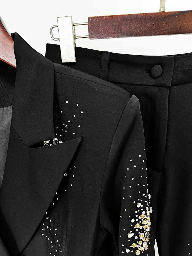 Beading Diamonds Notched Long Sleeve Blazer Flare Trouser Set