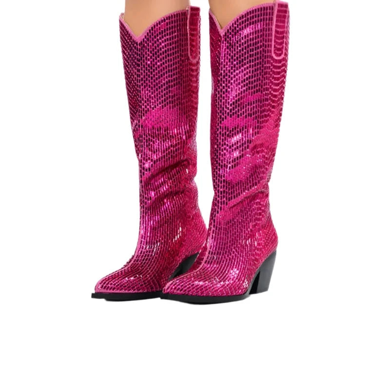 Rhinestone Chunky Heels Slip On Knee-High Boots