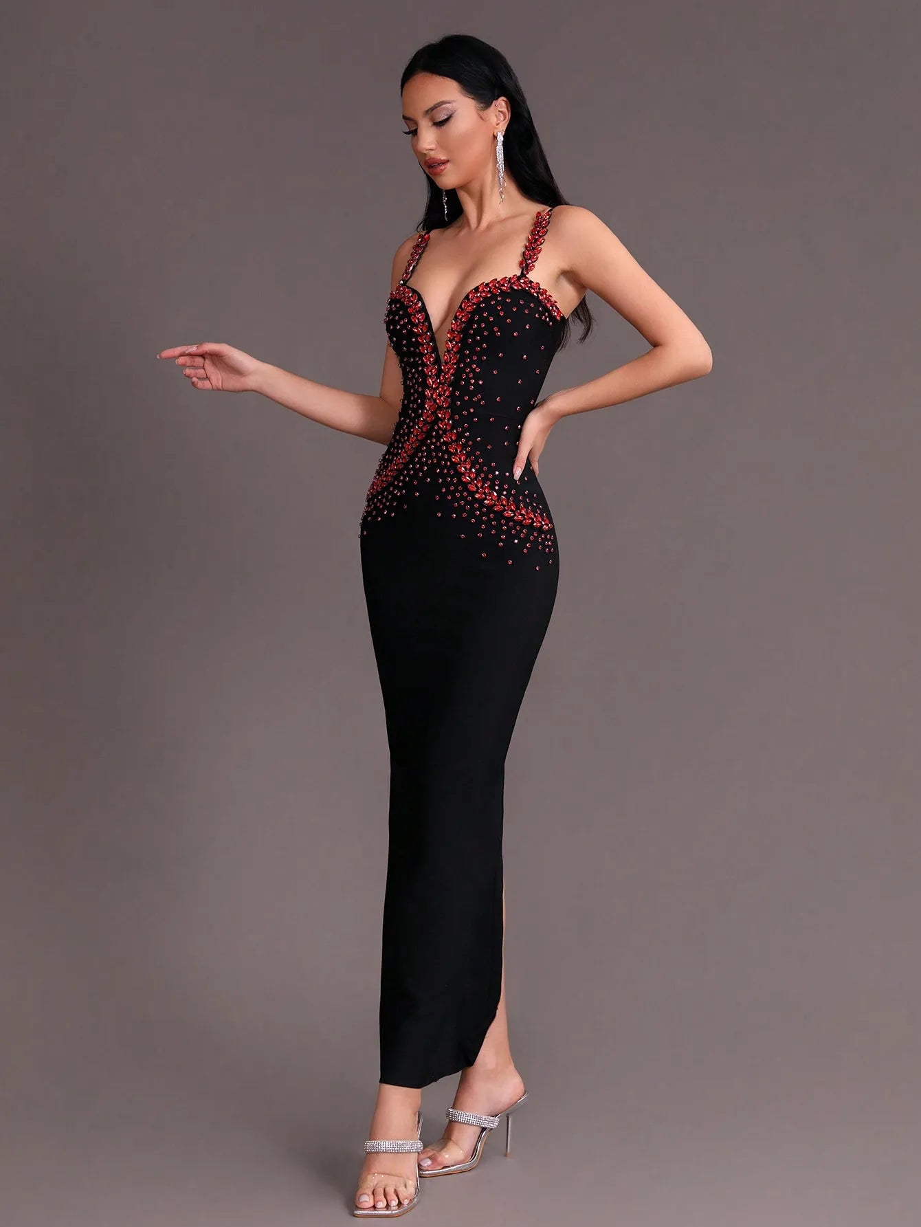 Tight V-Neck Sleeveless Diamonds Decor Maxi Bandage Dress