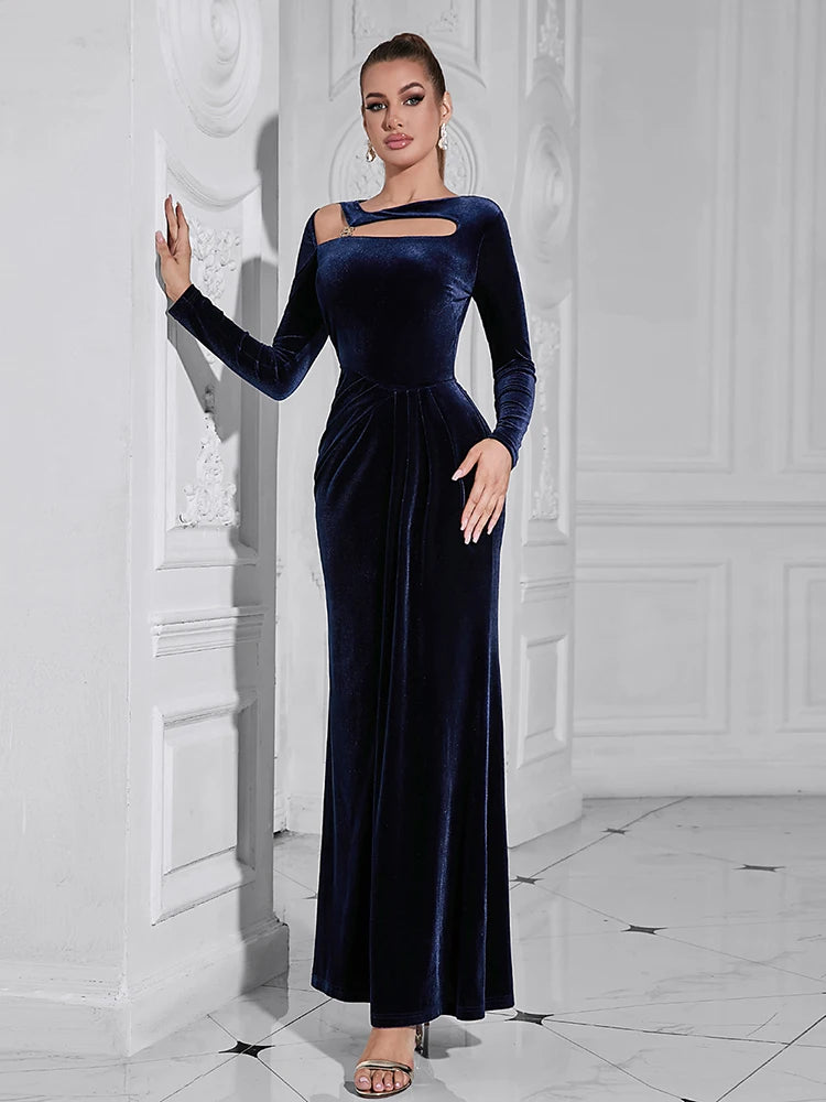 Asymmetrical Neck Long Sleeves Velvet Hollow Out Split Maxi Dress