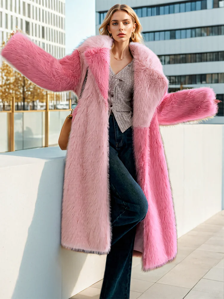 Lapel Loose Contrast Colour Sashes Long Sleeve Thick Warm Faux Fur Coat