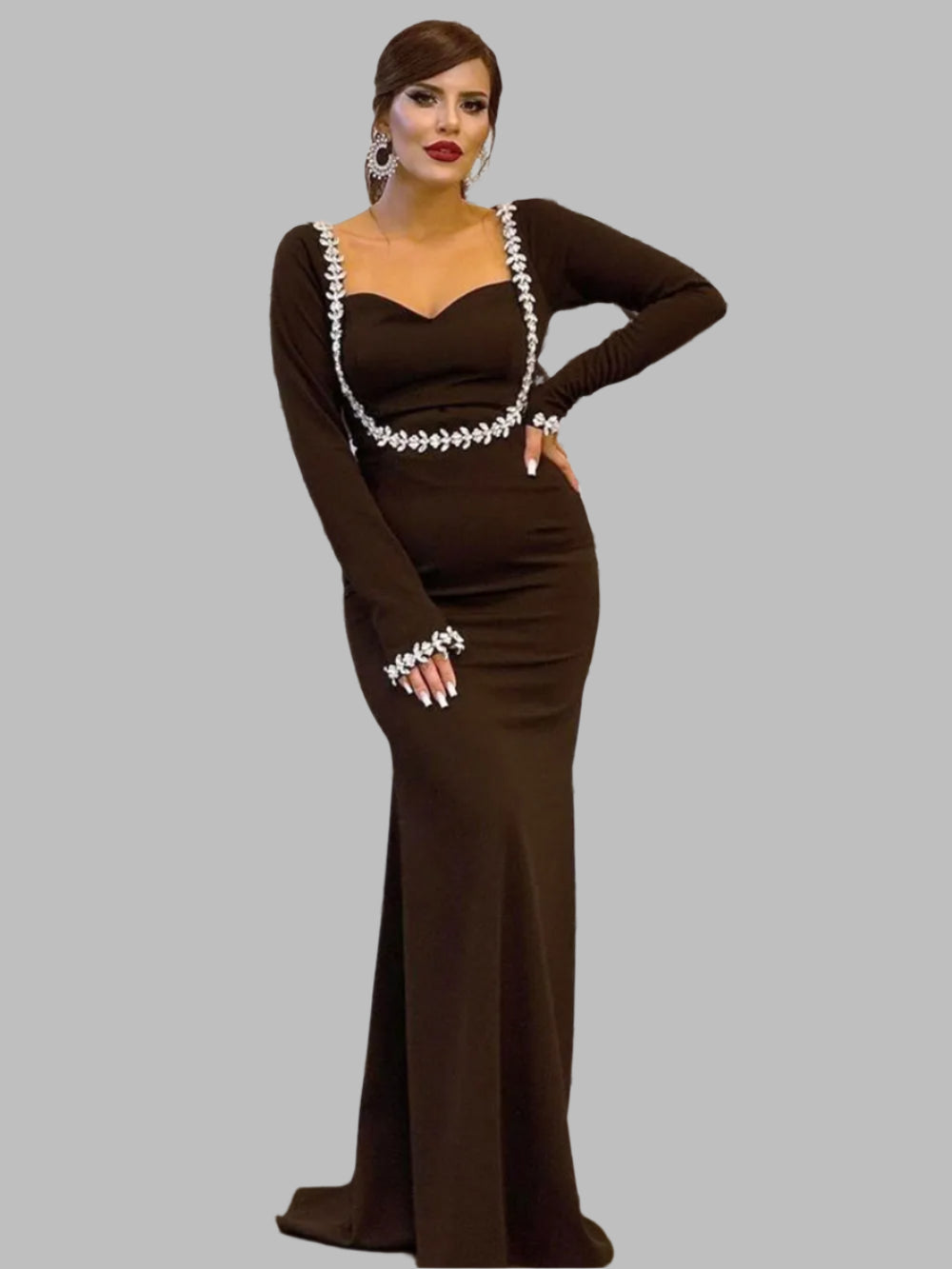 O-neck Nail Diamond Long Sleeve Mermaid Maxi Bandage Dress