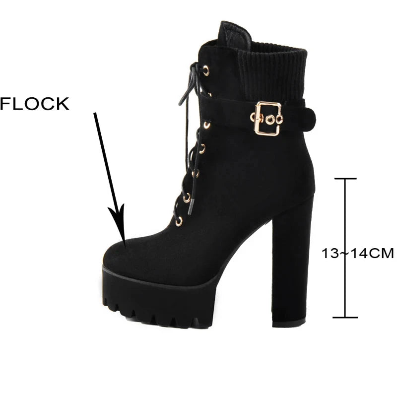 Platform Thick High Heel Buckle Strap Flock Ankle Boots