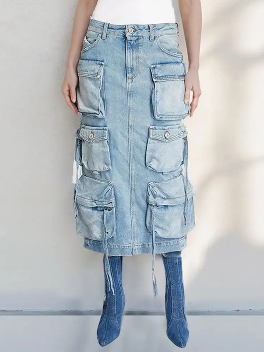 Spliced Pockets Split Denim High Waist Patchwork Buttons Mid Skirts