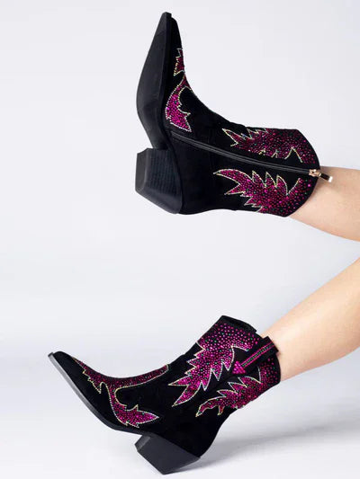 Platform Studded Crystals Fringe Pointed Toe Chunky Heel Ankle Boots