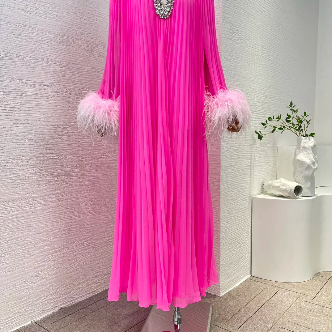 Hollow Out Patchwork Diamonds O Neck Feather Long Sleeve Loose Dress