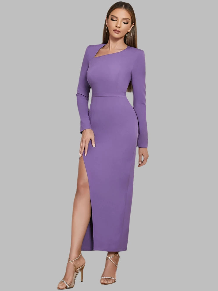 Asymmetry Neck Long Sleeve Split Slim Mid Dress