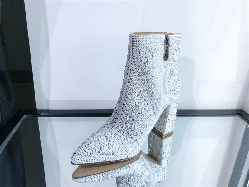 Pointed Toe Silver Rhinestone Glitter Bling Shiny Ankle Boots