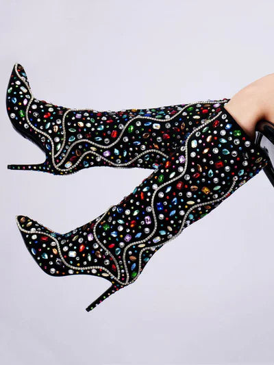 Rhinestone Pointed Toe Bling Crystal Thin High Heel Knee High Boots