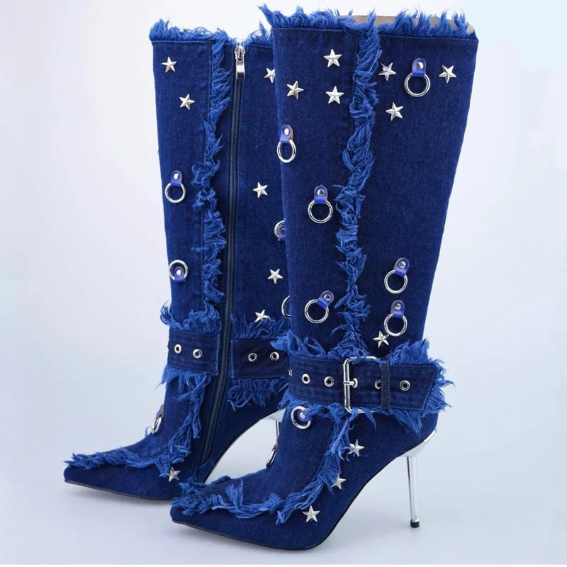 Buckle Star Rivet Decor Pointed Toe Thin Heels Knee High Boots