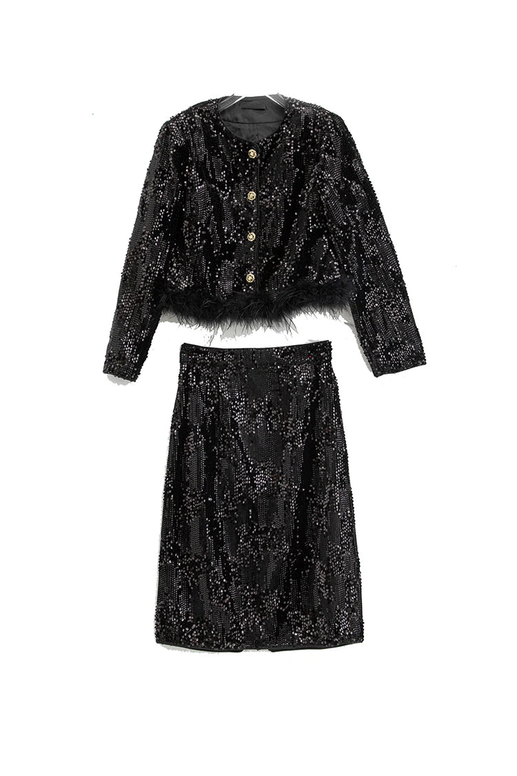 Vintage Feather Patchwork O Neck Sequins Mini Coat Mid Skirt Set