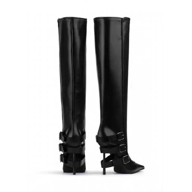 Pointed Toe Buckle Strap High Heels Knee High Boots