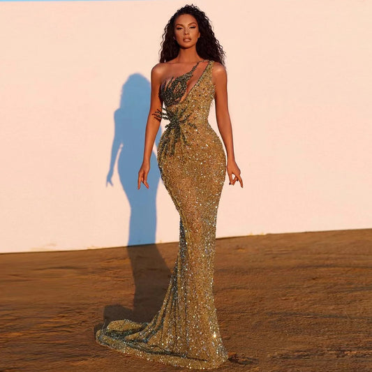 Diagonal Neck One Shoulder Sleeveless Sequin Mermaid Maxi Dress