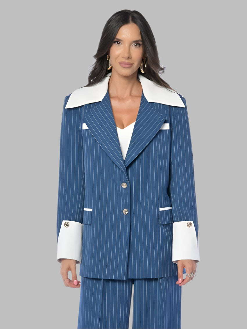 Stripe Patchwork Long Sleeve Blazer With High Waist Trousers Set