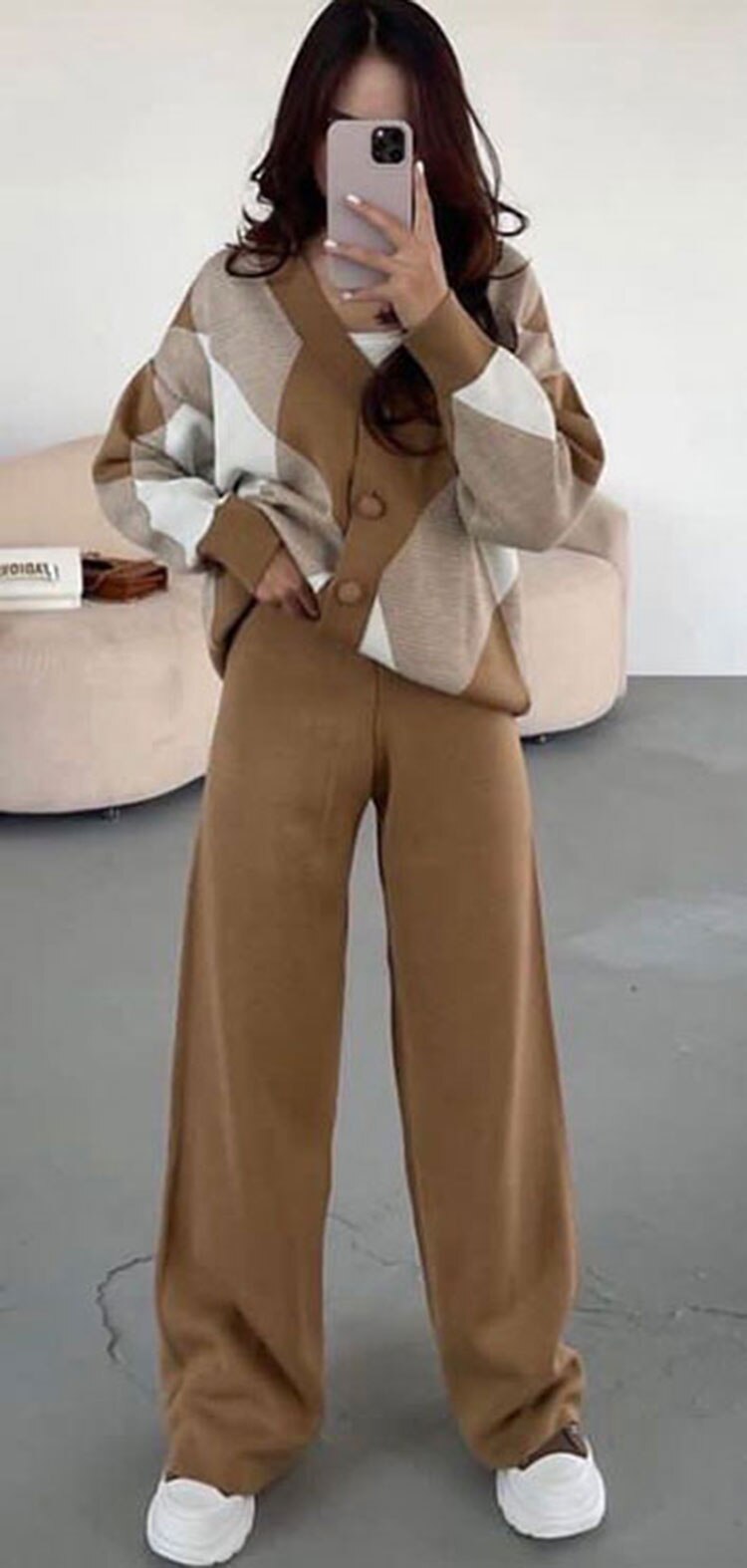 Knitted Long Sleeve Loose Single Breasted Cardigan Flare Trouser Set