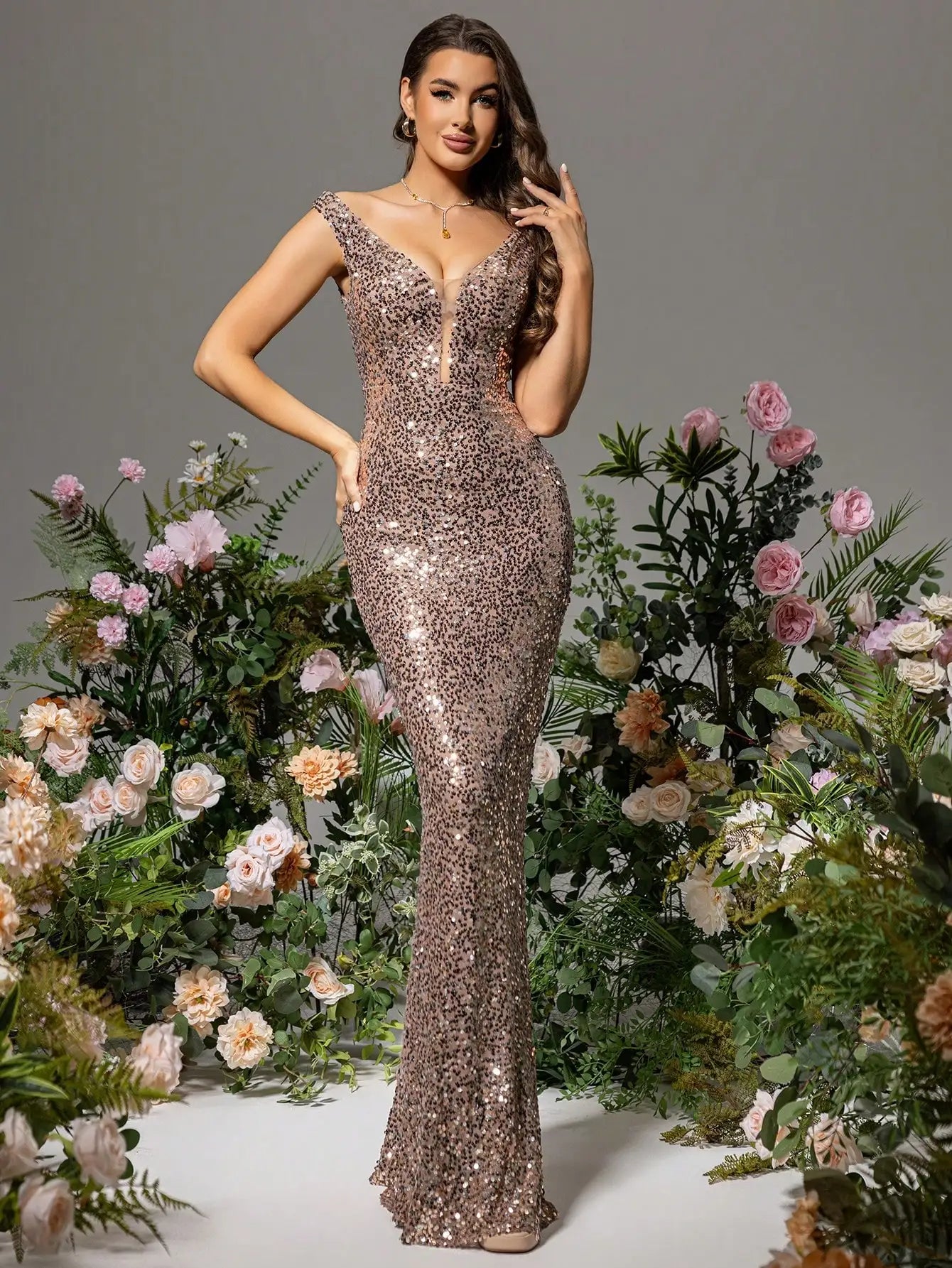 Mash Deep V neck Sequin Bridesmaid Prom Mermaid Maxi Dress