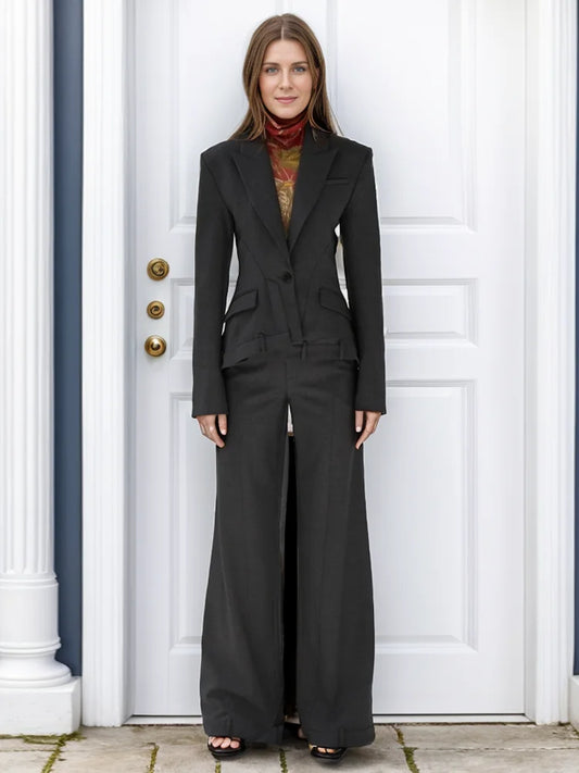 Notched Collar Long Sleeve Irregular Blazers High Waist Wide Leg Trouser Set