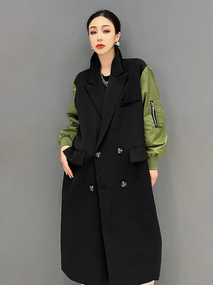Trench Notched Collar Double Breasted Patchwork Coat