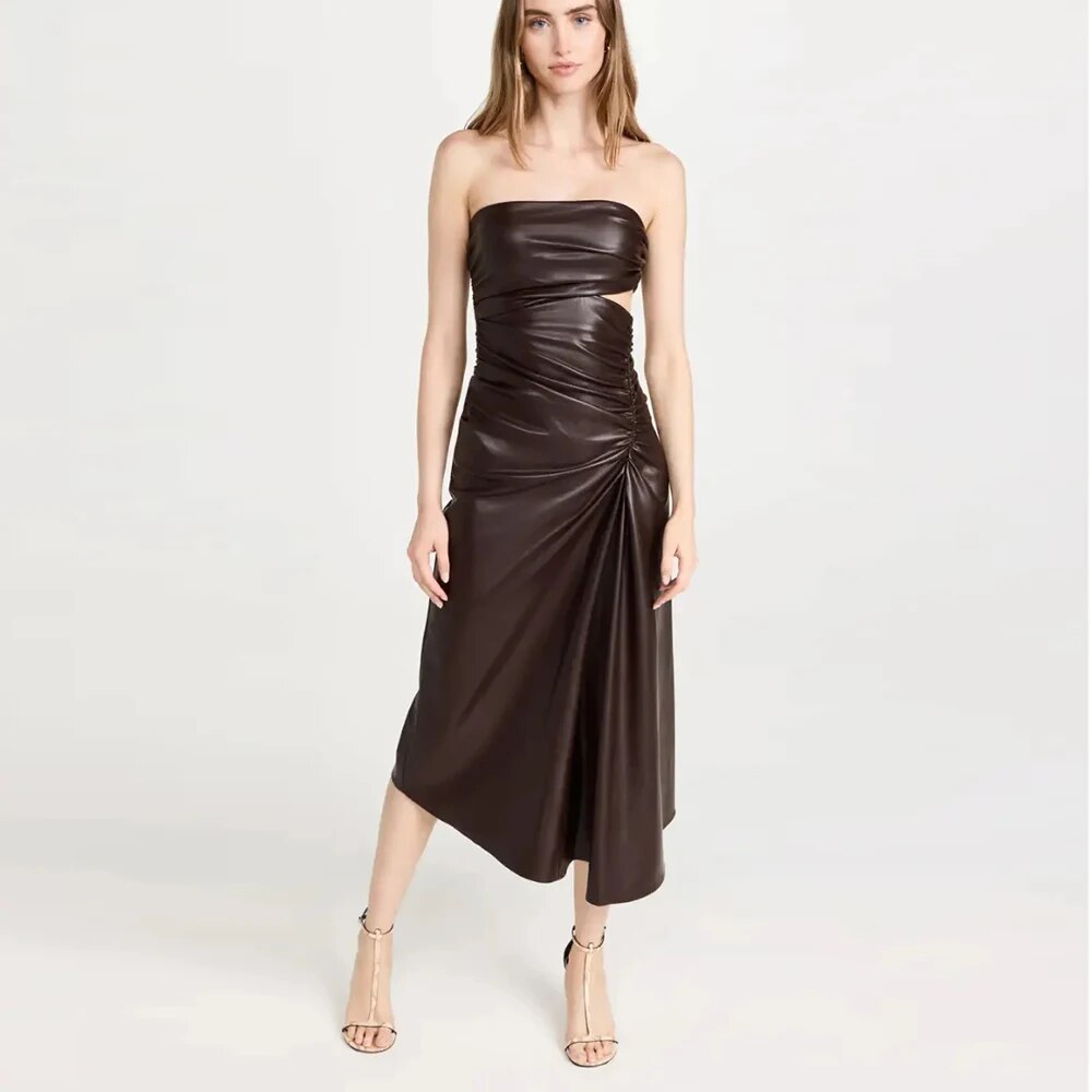 Pleated Hollow PU Leather Strapless Open Back Mid Dress