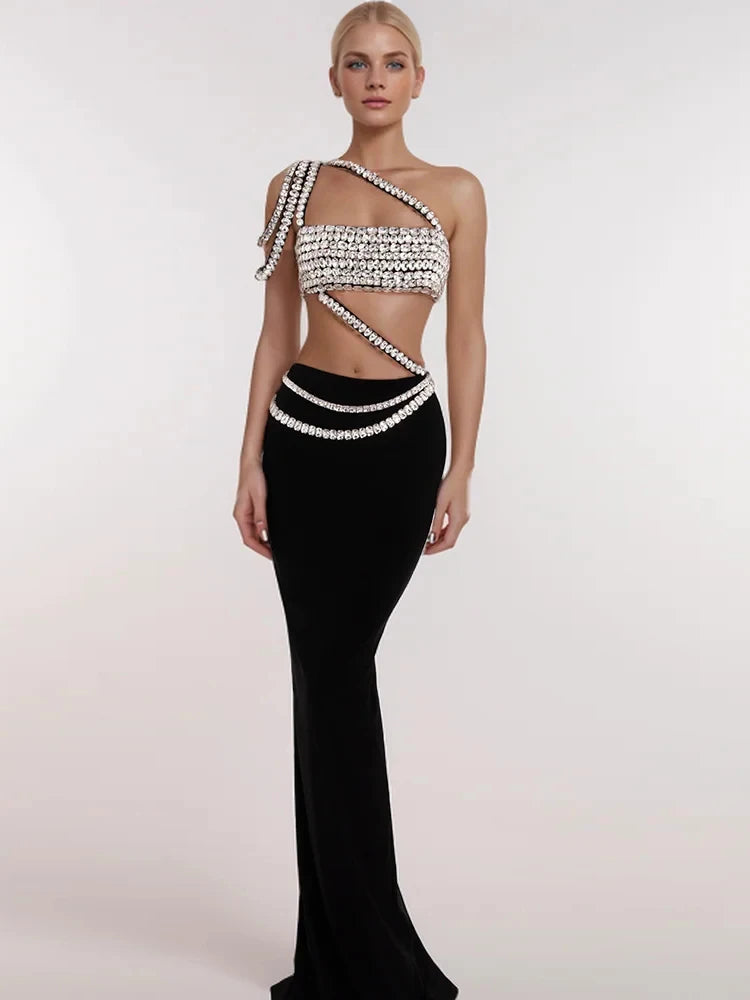 Slash neck Diamond Short Top Tight Maxi Skirt Set