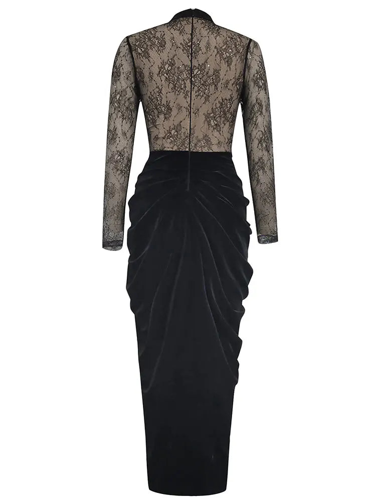 Lace Patchwork Velvet O-Neck Long Sleeve Split Maxi Dress