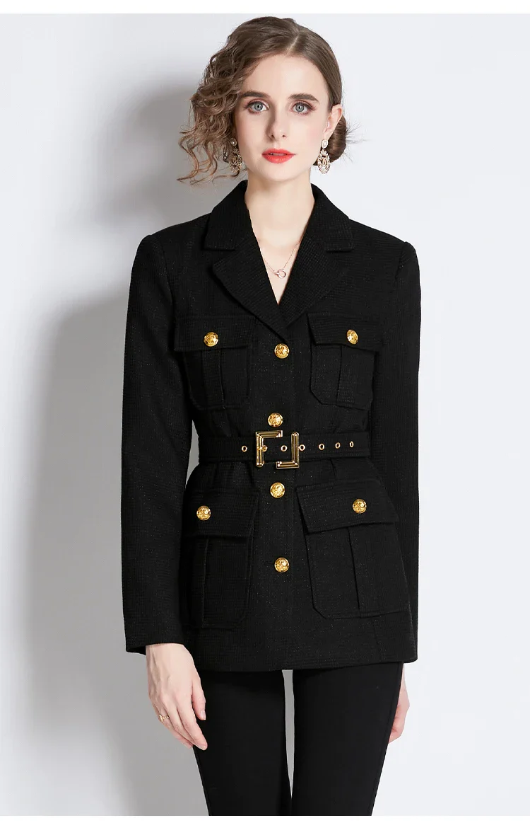 Chickened Vintage Golden Buttons Pocket  Collar Belted Blazers