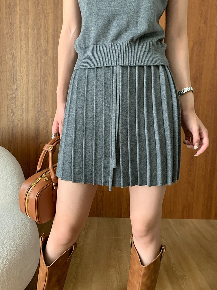 O Neck Sleeveless Vest Long Sleeve Cardigan High Waist Mini Skirt Knit Set