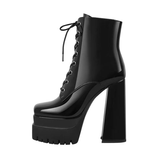 Platform Square Toe Block Chunky High Heel Lace Up Ankle Boots