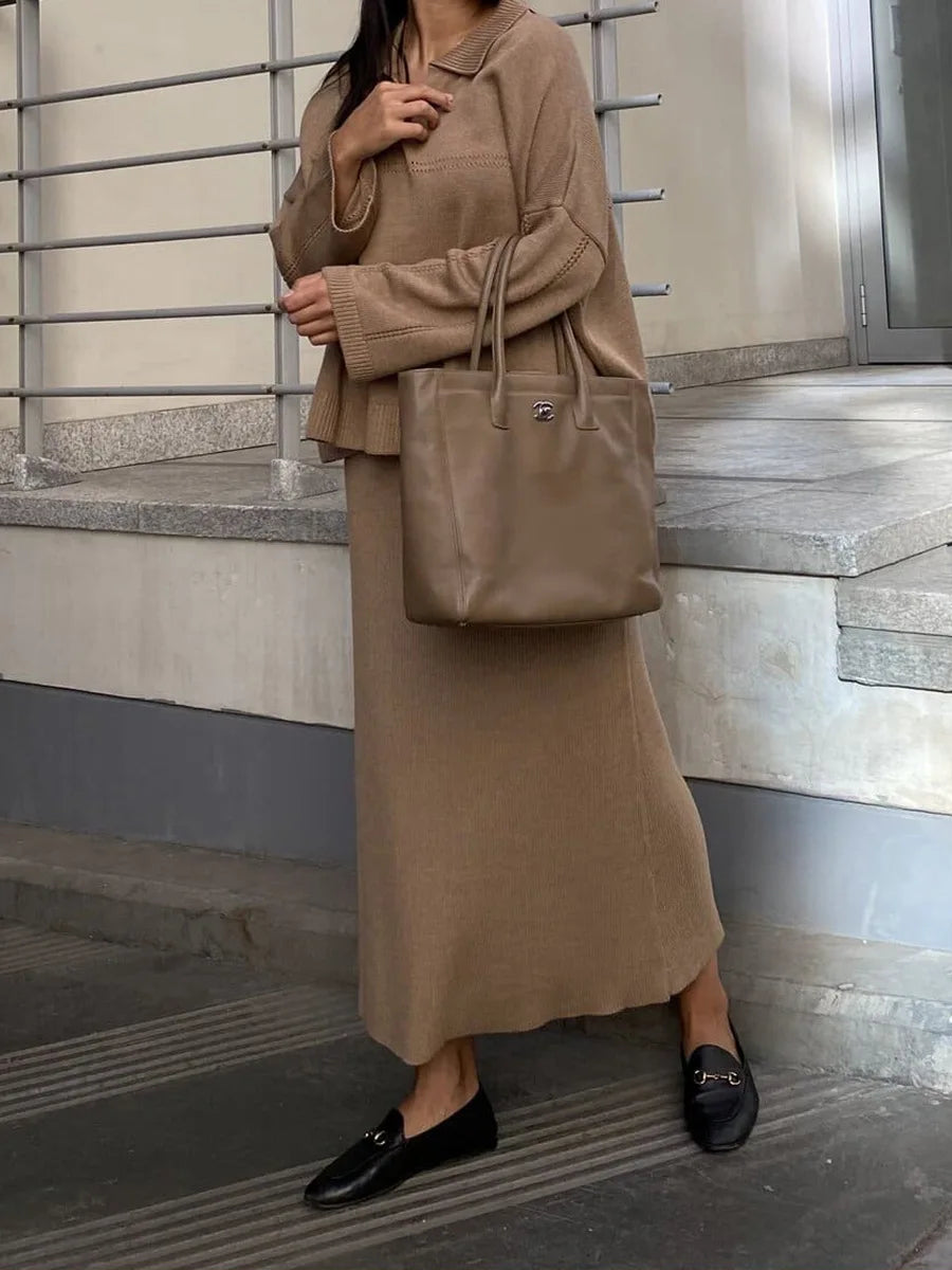 V neck Loose Fit Long Sleeves Pullover High Waist Mid Skirt Set