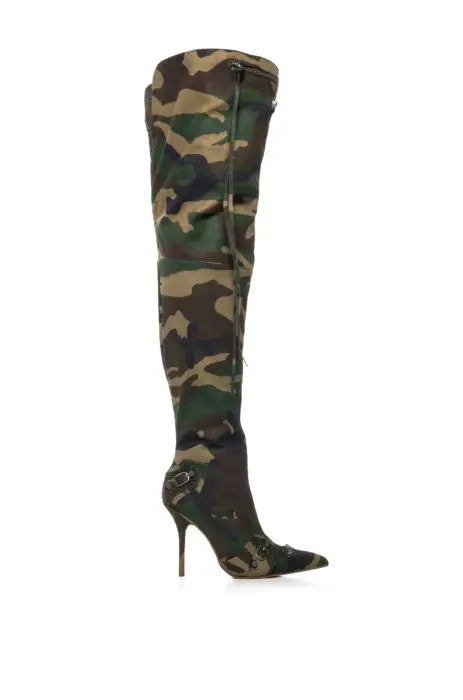 Canvas High Heel Buckle Pointed Toe Over The Knee Boots