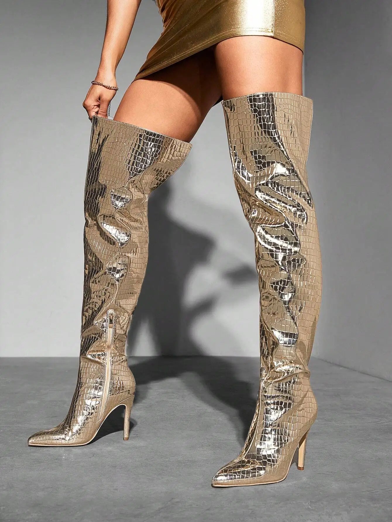 Pointed Toe Side Zipper Stone Pretend Over The Knee Boots